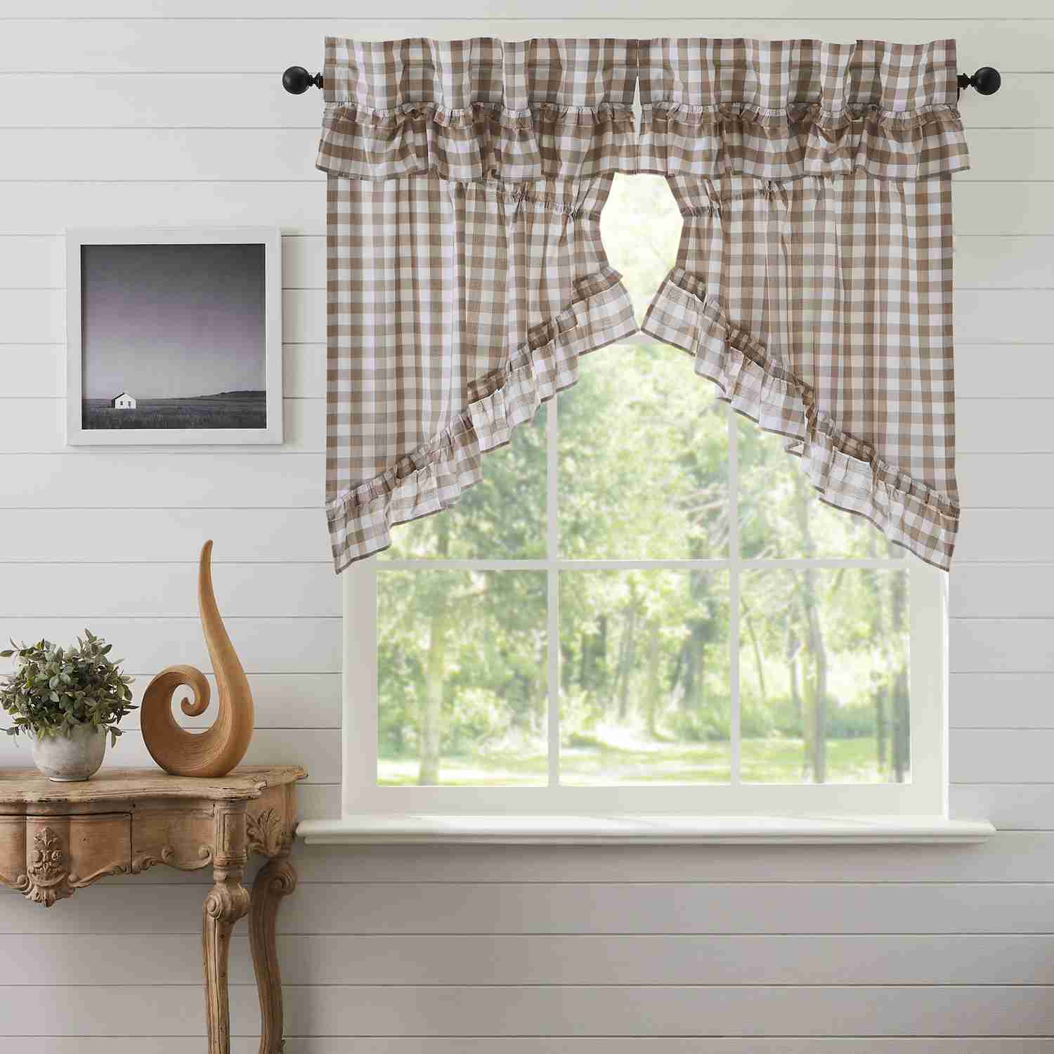 Elegant Ruffled Buffalo Check Swag Curtains Set of 2, 36x36x18