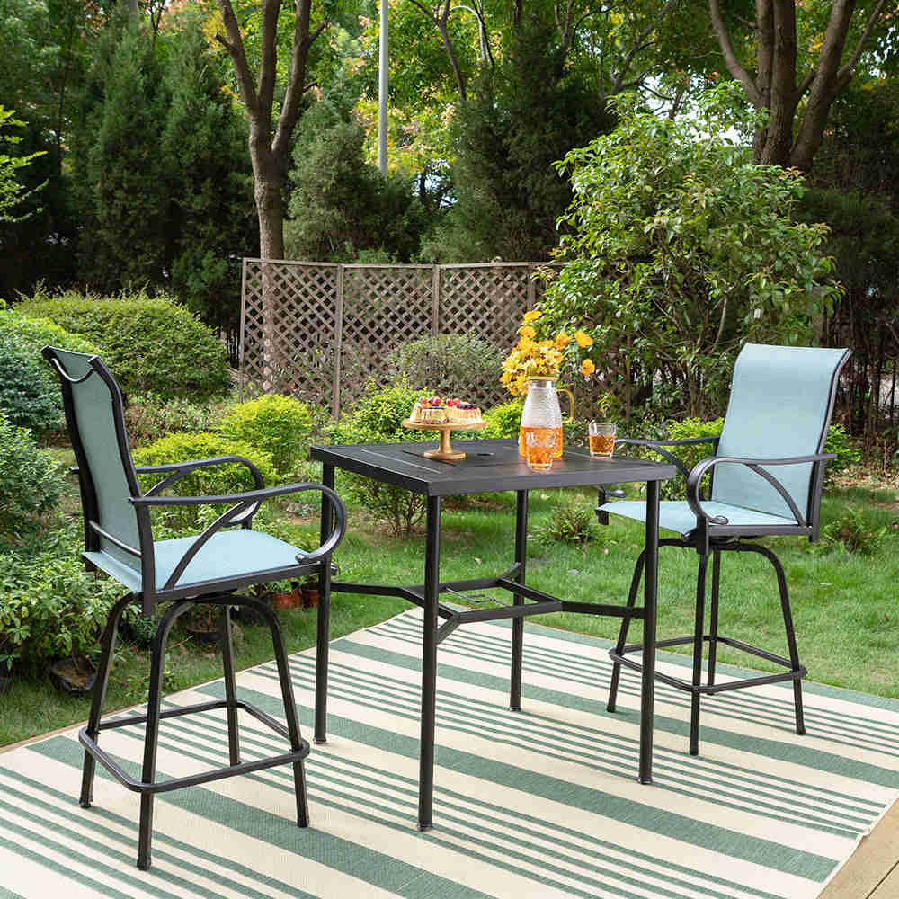 PHI VILLA Outdoor Bar Stool Set with Steel Table & Swivel Textilene Stools