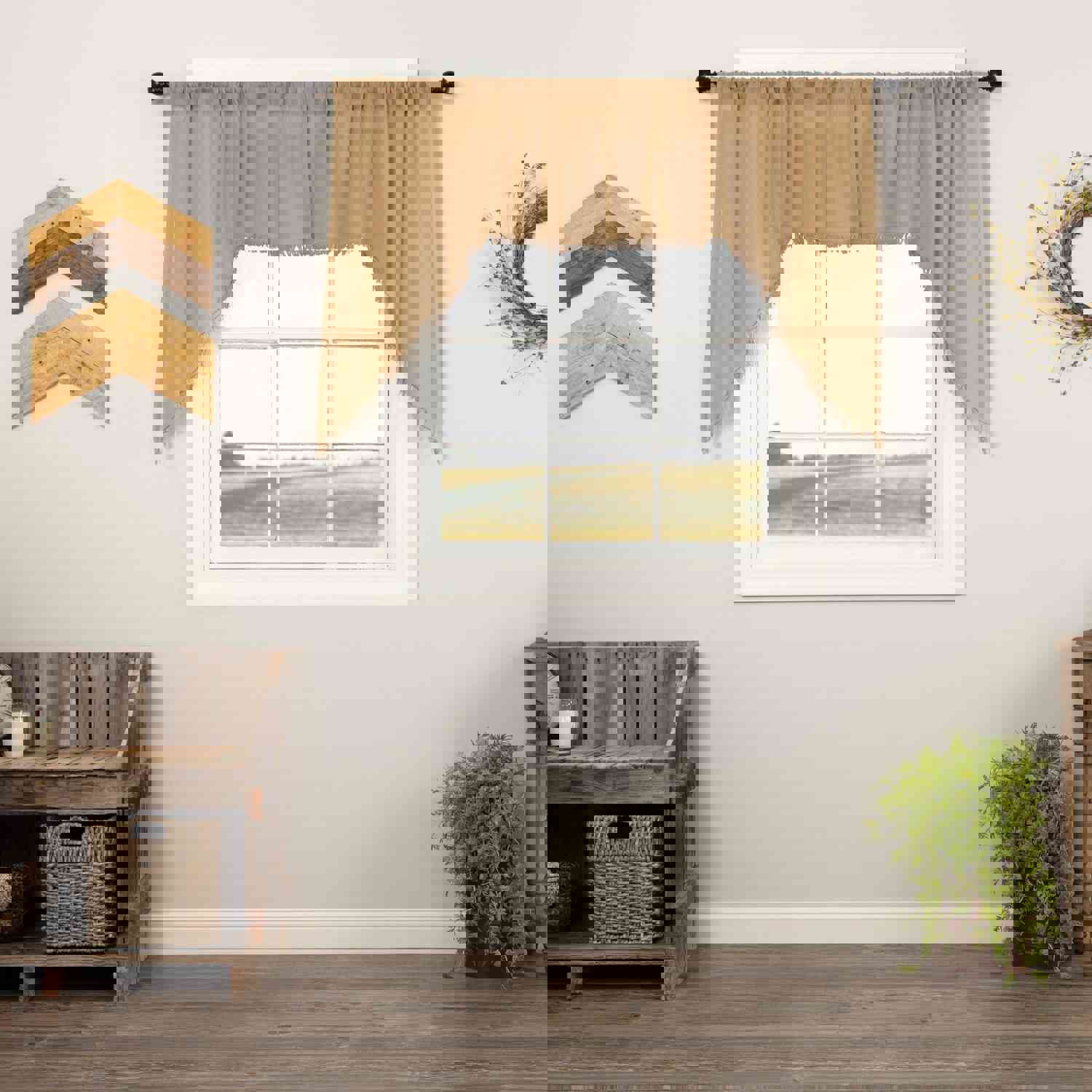 Khaki Fringed Tobacco Cloth Swag Curtains Set