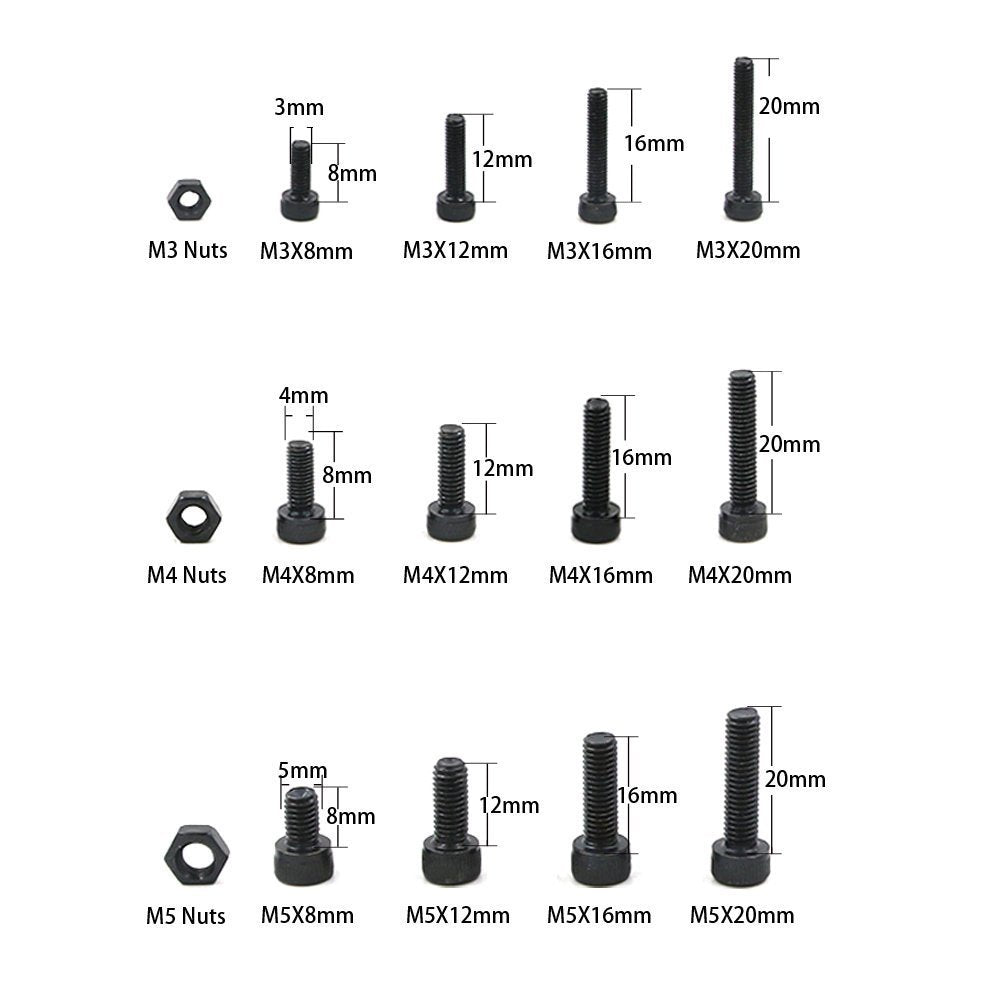 Glarks 510-Piece High-Precision M3 M4 M5 Socket Cap Bolts and Nuts Set