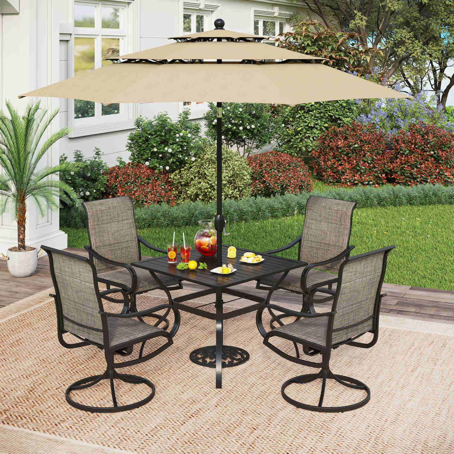 PHI VILLA 6-Piece Outdoor Dining Set with 10ft Umbrella, Steel Square Table, Padded Swivel Textilene Chairs