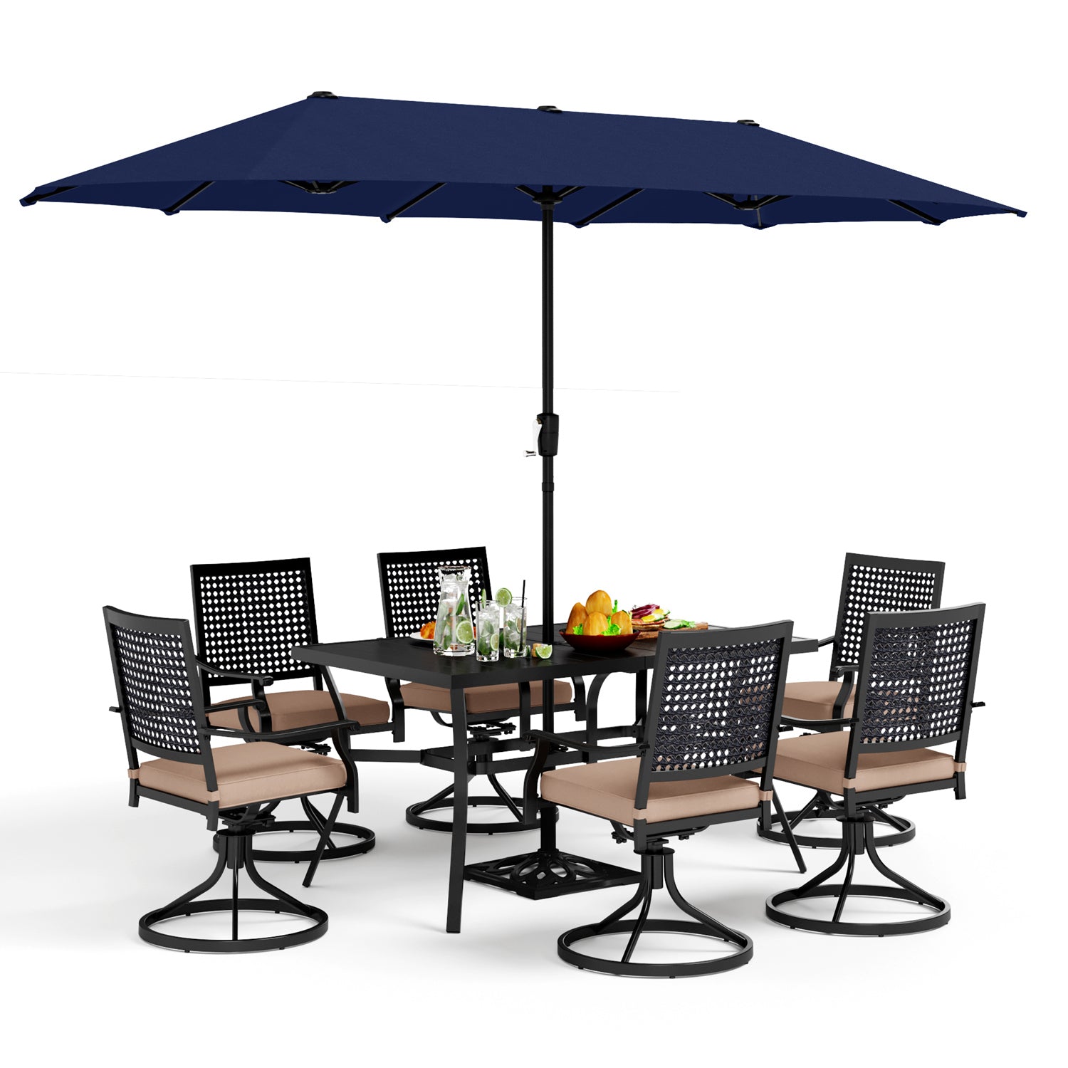 PHI VILLA 8-Piece Outdoor Dining Set with 13ft Umbrella, Steel Table & Swivel Chairs