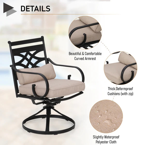 PHI VILLA 6-Piece Outdoor Dining Set with 10ft Umbrella, Steel Square Table, Swivel Chairs