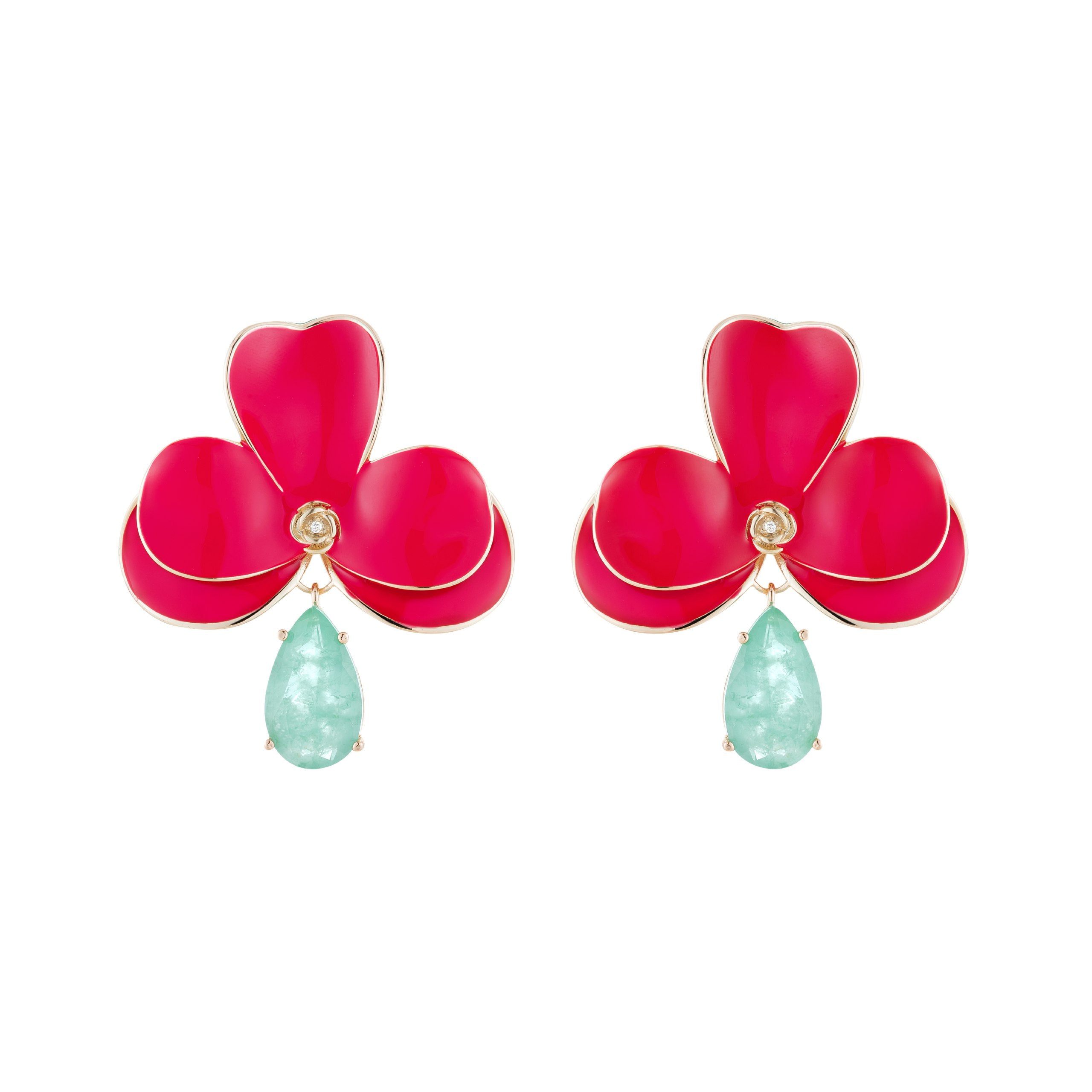 Exquisite 18K Gold-Plated Red Orchid Earrings with Paraiba Tourmaline Drops