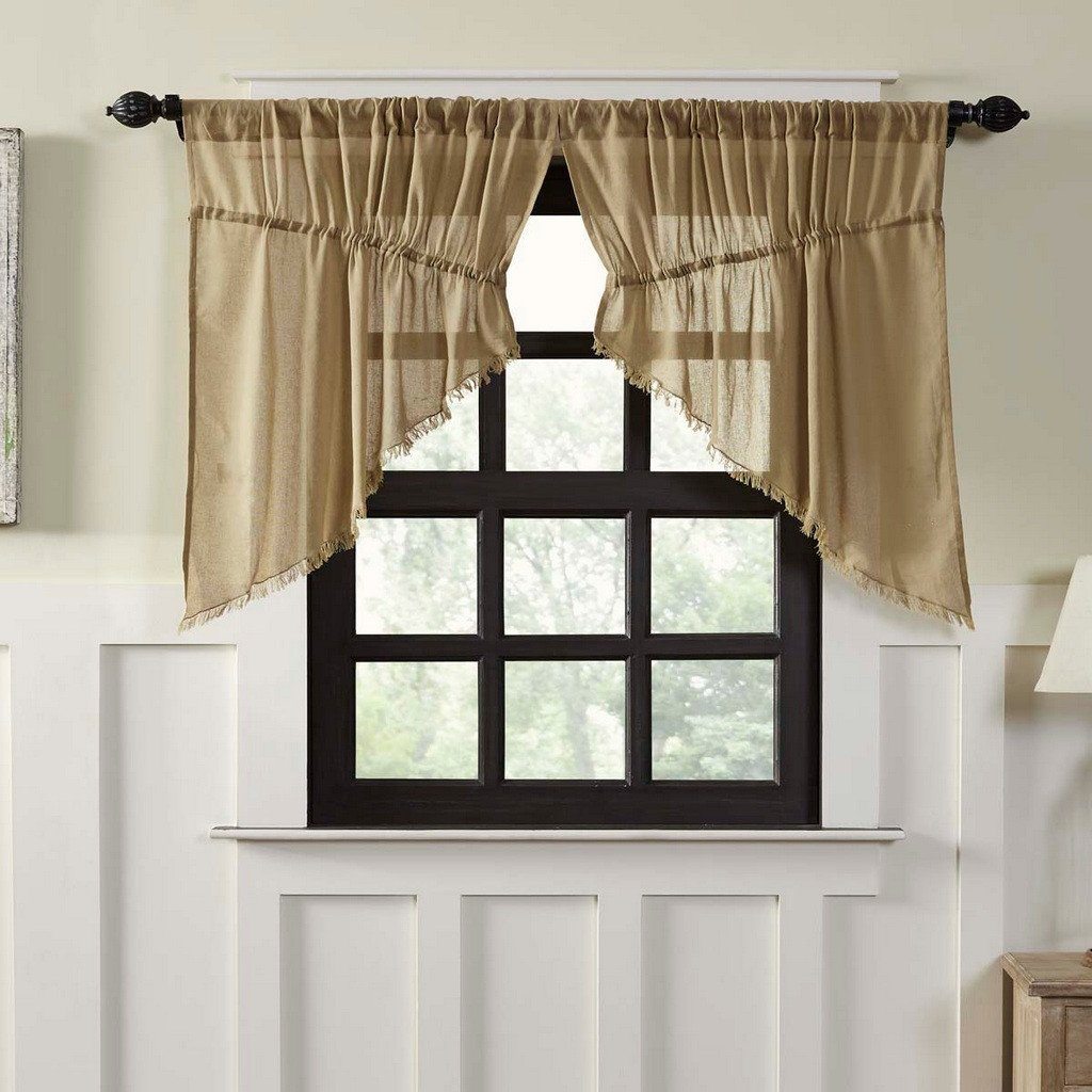 Khaki Cotton Gauze Prairie Swag Curtains with Fringes