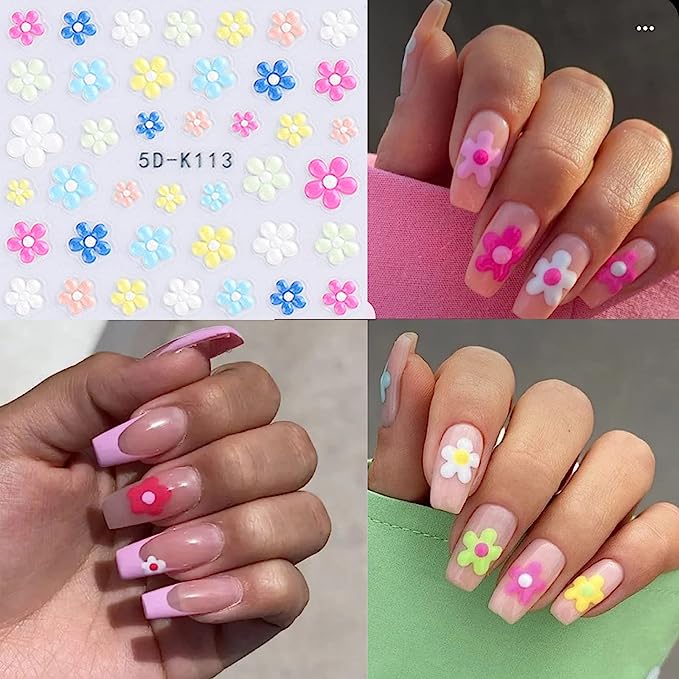 YOSOMK Daisy Blossom Nail Art Stickers, 5D Embossed Design for Unique Manicures