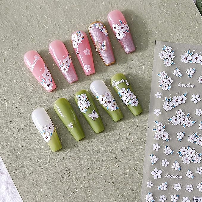 Elegant White Flower Nail Art Stickers, 5D Design for DIY Manicures