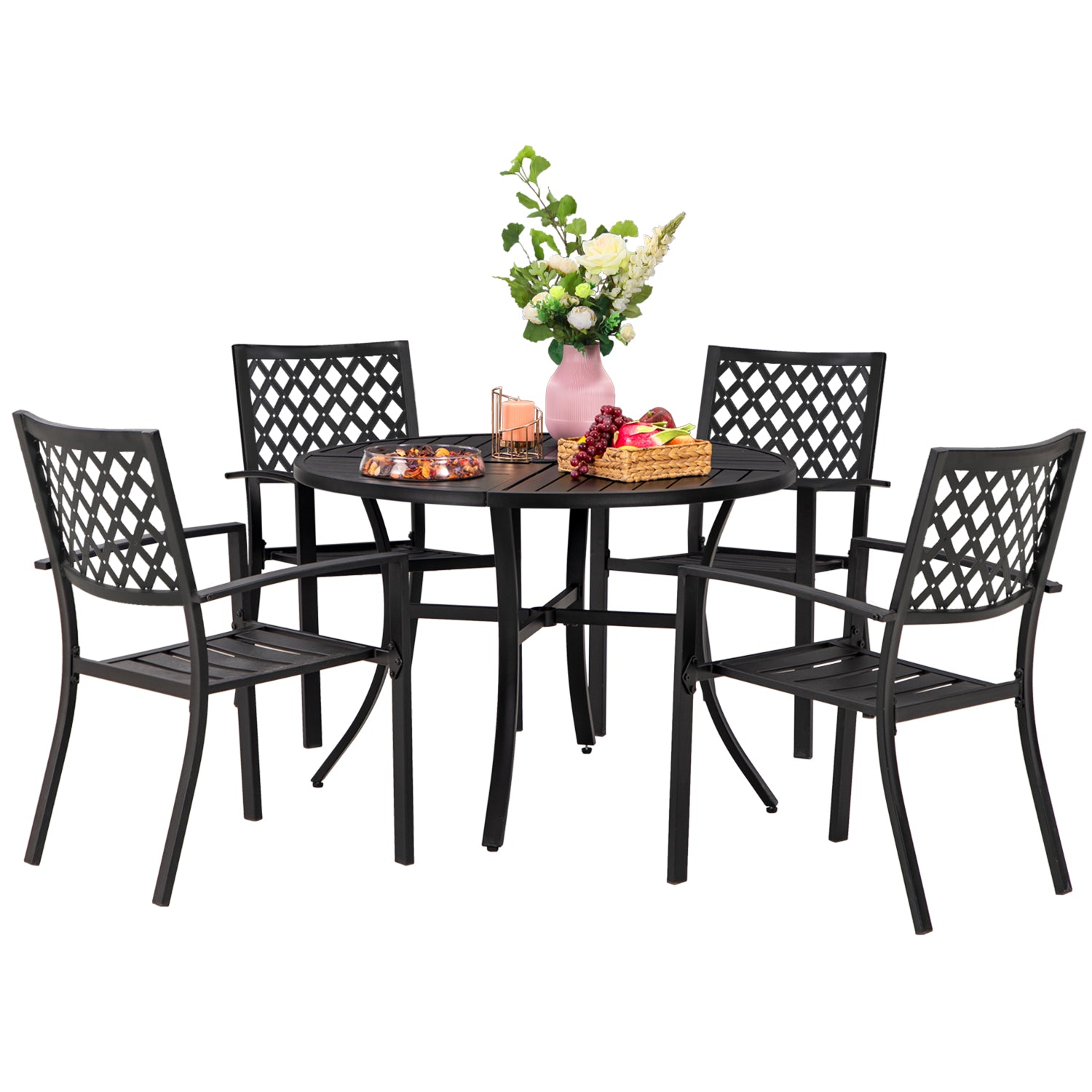 PHI VILLA 5-Piece Outdoor Dining Set with Patterned Stackable Chairs and Rust-Resistant Metal Table