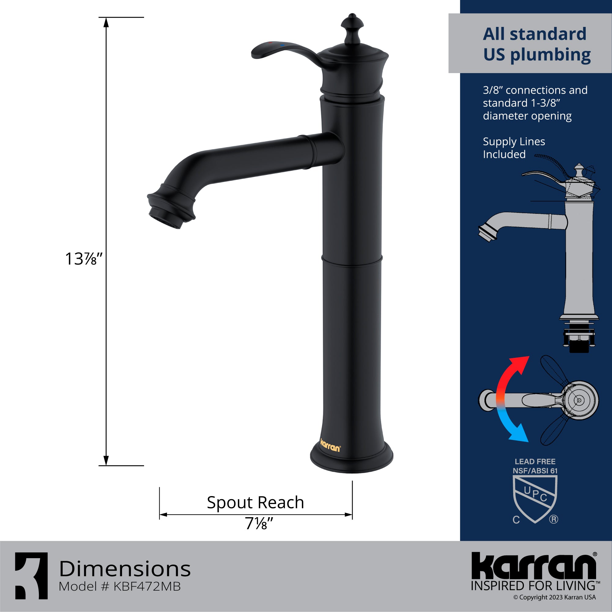 Karran Vineyard Matte Black Bathroom Vessel Faucet, 1.2 GPM, Lead-free Brass