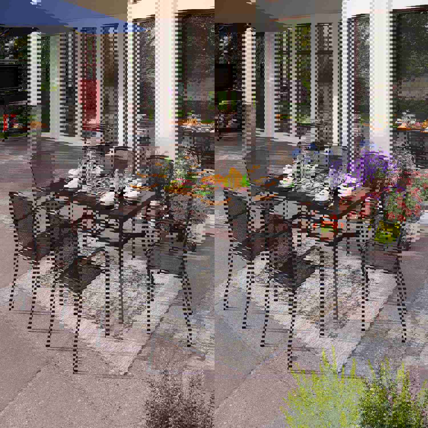 Phi Villa 7-Piece Outdoor Dining Set with Metal Steel Chairs and Rectangle Table