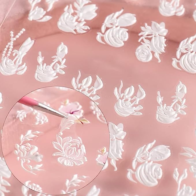 Elegant White Floral Nail Art Stickers, 6Pcs Self-Adhesive for Summer Manicures