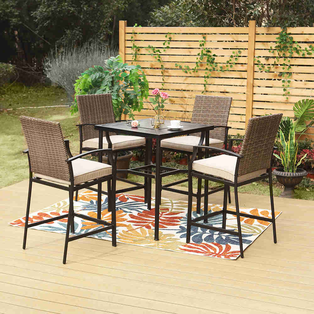 PHI VILLA Outdoor Rattan Bar Stool Set with Geometric High Table