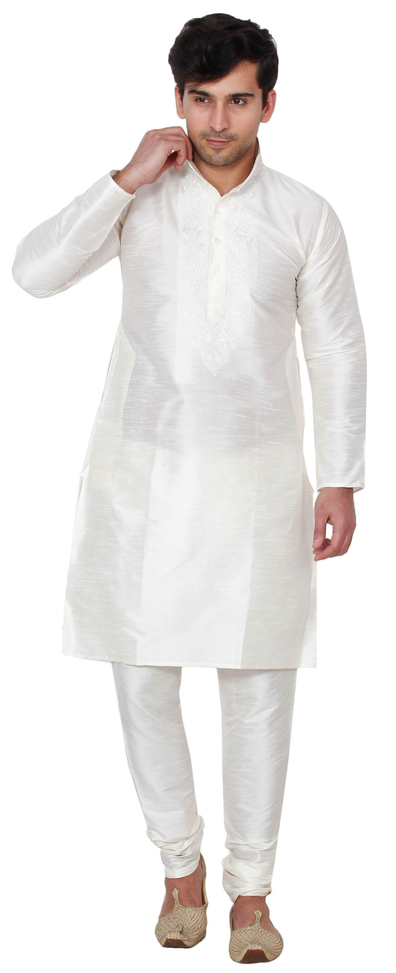 Elegant Silk Embroidered Men's Kurta Pajama - Off-White