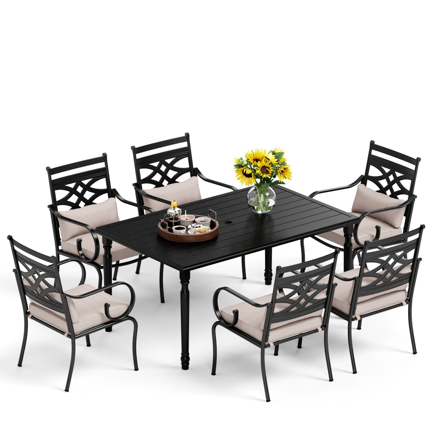 PHI VILLA 7-Piece Outdoor Dining Set with Metal Steel Chairs and Rectangle Table