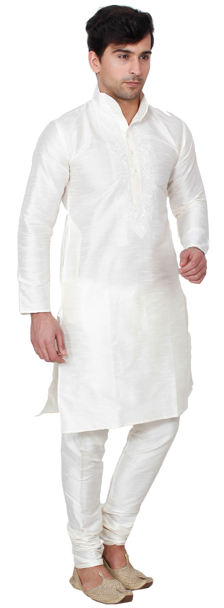 Elegant Silk Embroidered Men's Kurta Pajama - Off-White
