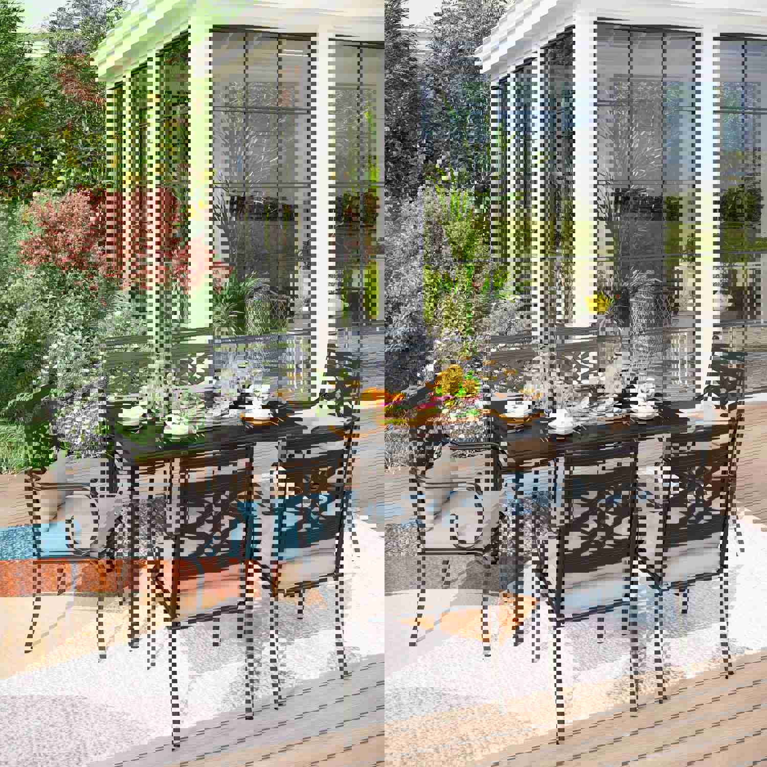 PHI VILLA 7-Piece Outdoor Dining Set with Metal Steel Chairs and Rectangle Table