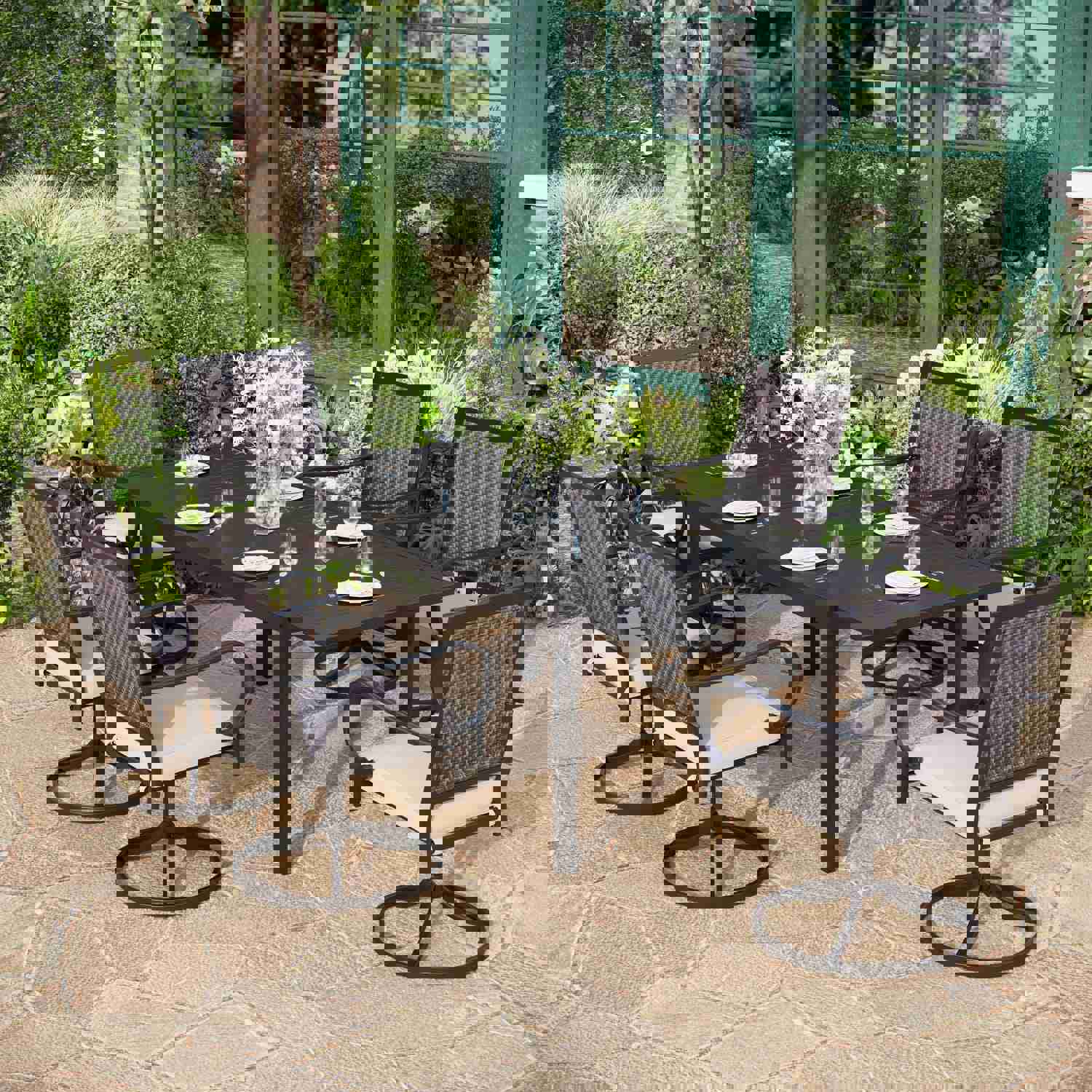 PHI VILLA Outdoor Patio Dining Set with Rattan Swivel Chairs and Extendable Steel Table