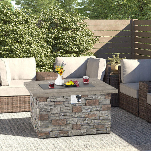 43.5 Inch Rectangle Grey Stone-Look Propane Gas Fire Pit Table with Lava Rock and PVC Cover