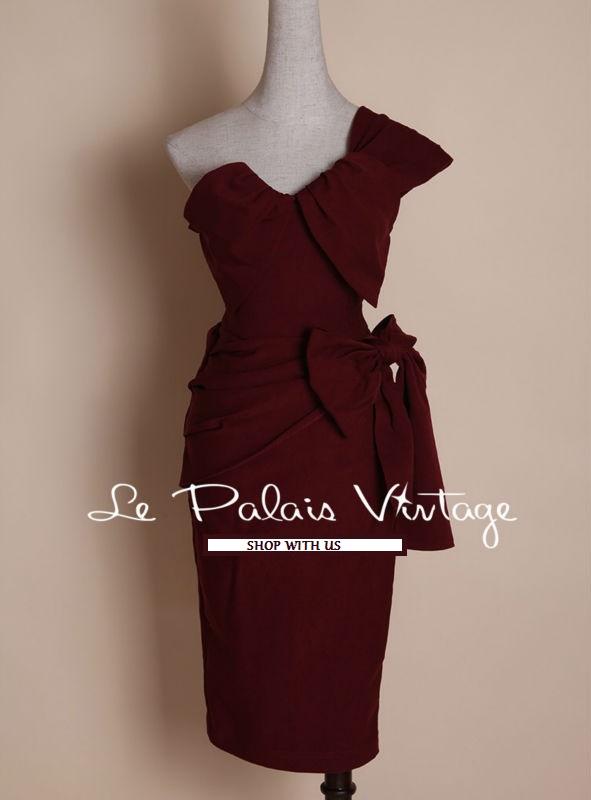 Vintage Royal Wine Red Fold Bow Sheath Dress