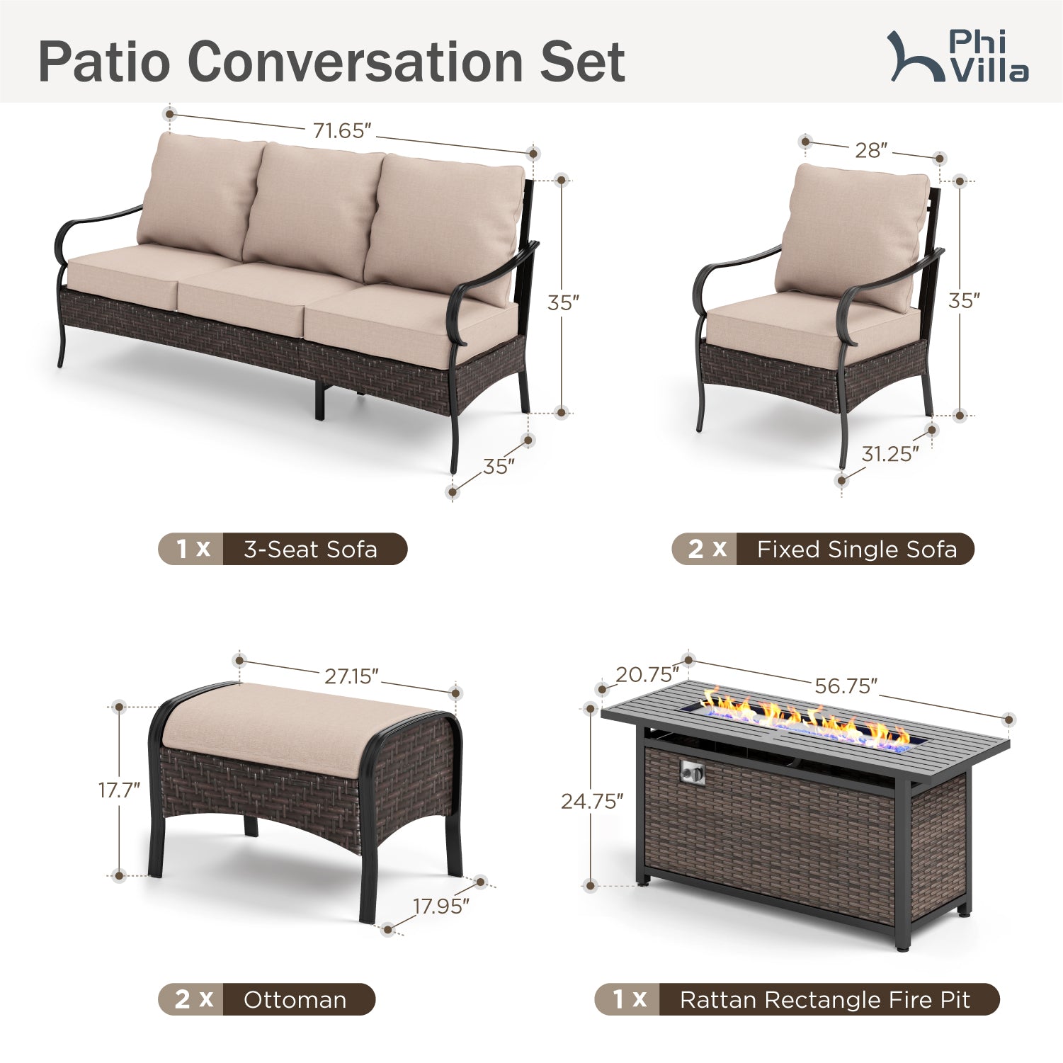 Phi Villa 7-Piece Outdoor Rattan Sofa Set with Fire Pit
