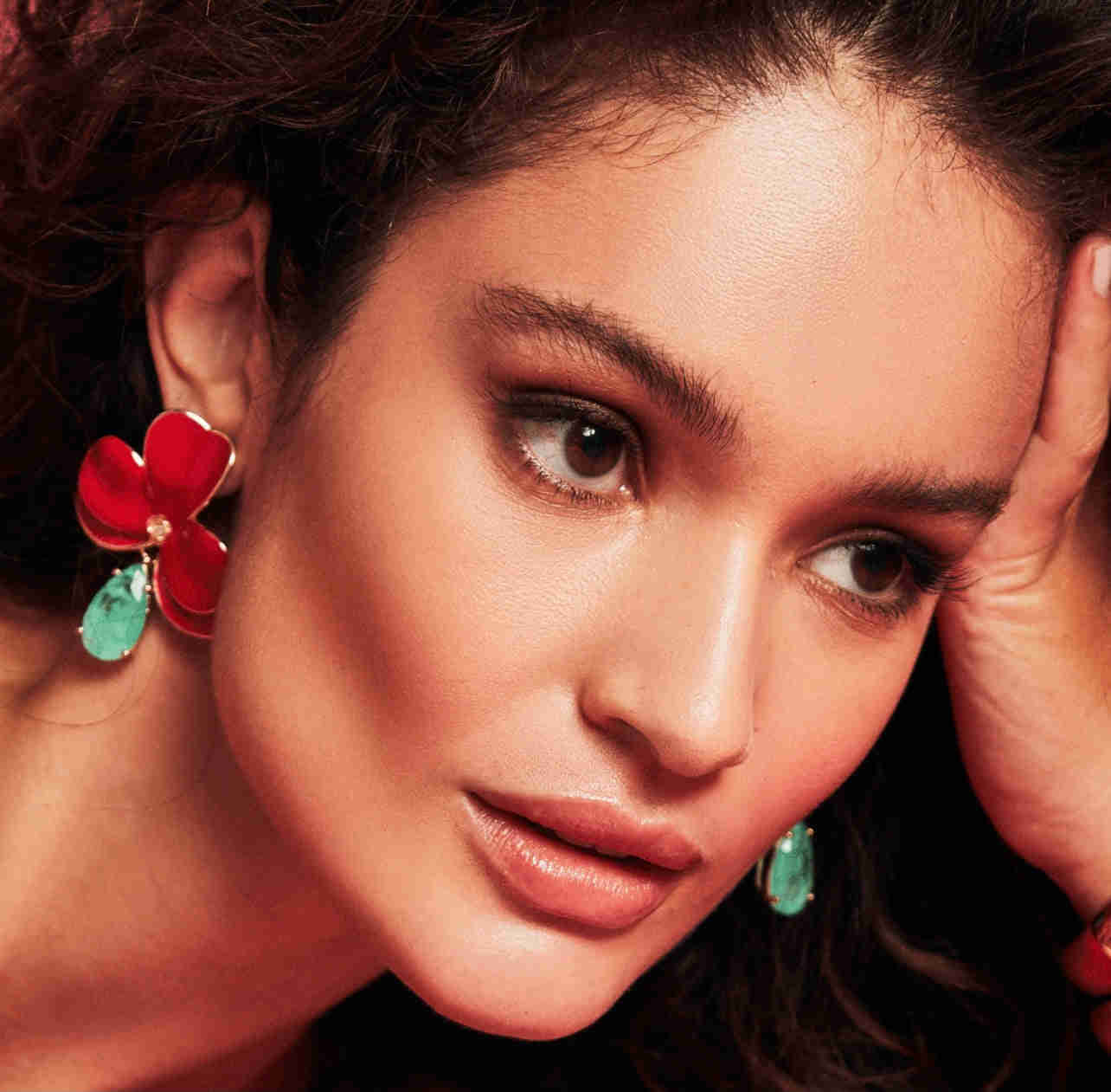 Exquisite 18K Gold-Plated Red Orchid Earrings with Paraiba Tourmaline Drops