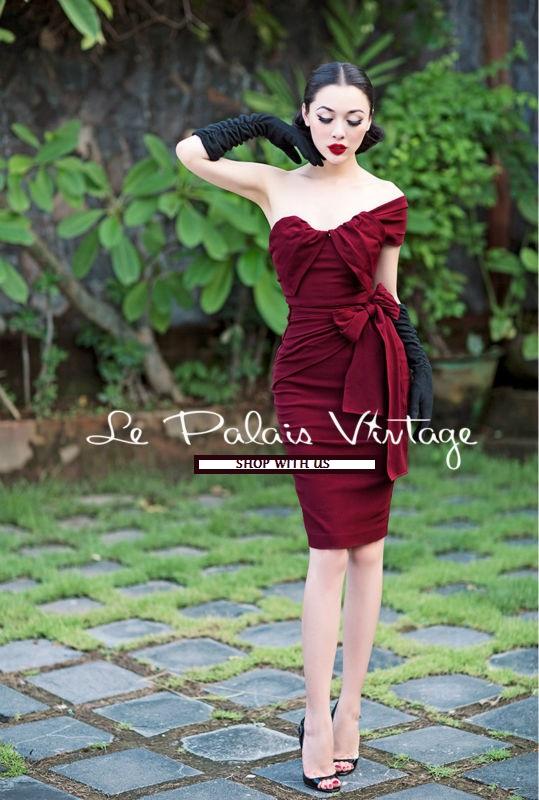 Vintage Royal Wine Red Fold Bow Sheath Dress
