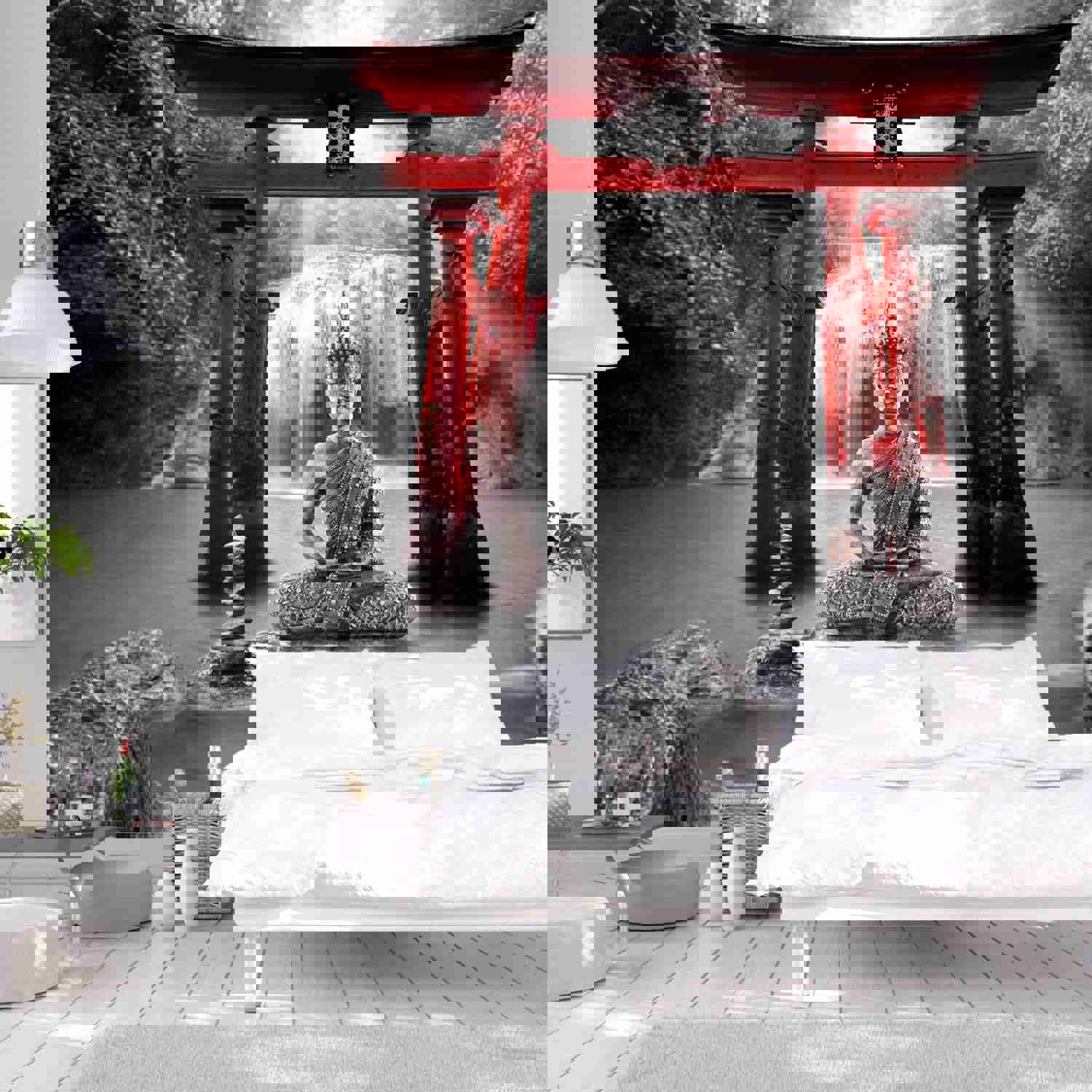 Elegant Zen Wall Mural - Buddha Temple Red - Easy Peel & Stick