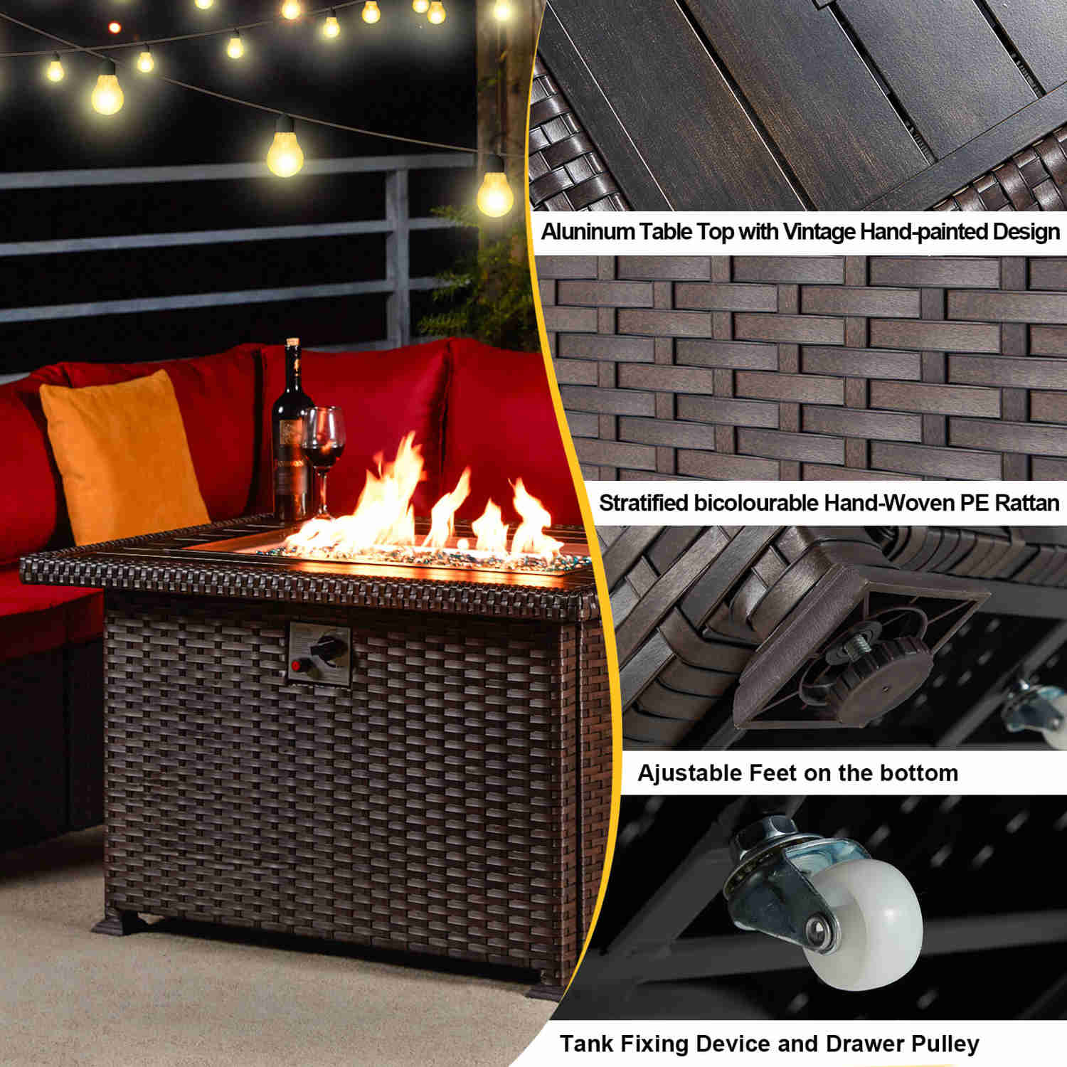 Homrest 44" Outdoor Propane Gas Fire Pit Table with Auto-Ignition, Windguard, and Storage