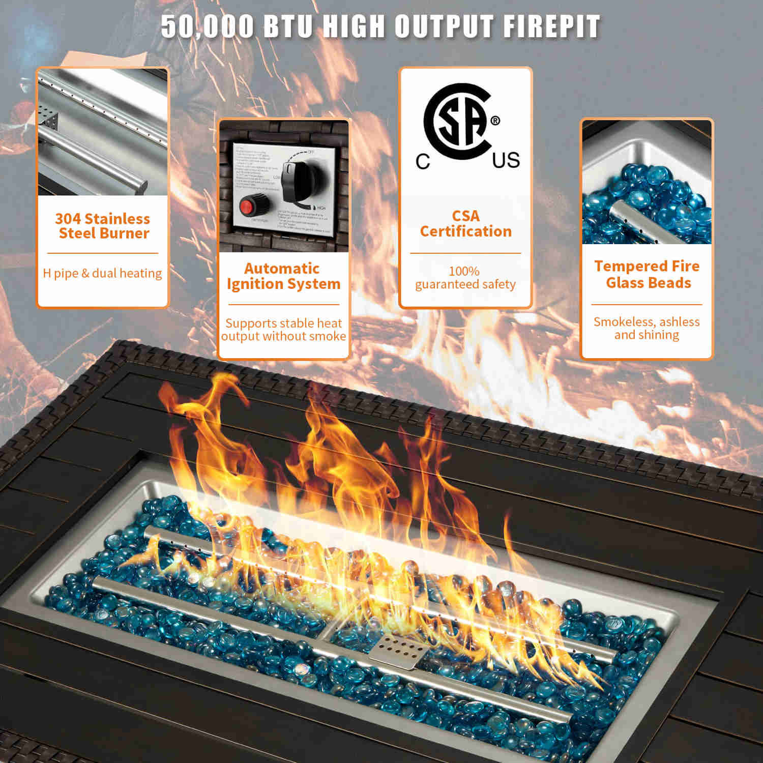 Homrest 44" Outdoor Propane Gas Fire Pit Table with Auto-Ignition, Windguard, and Storage