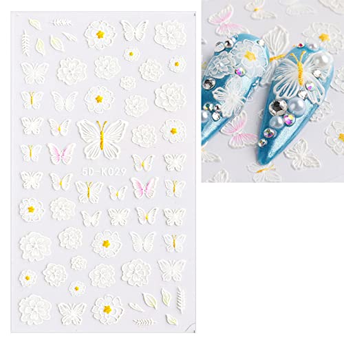 JMEOWIO 3D Embossed Spring Flower Nail Art Stickers, Self-Adhesive Floral Nail Decals for Elegant Summer Look