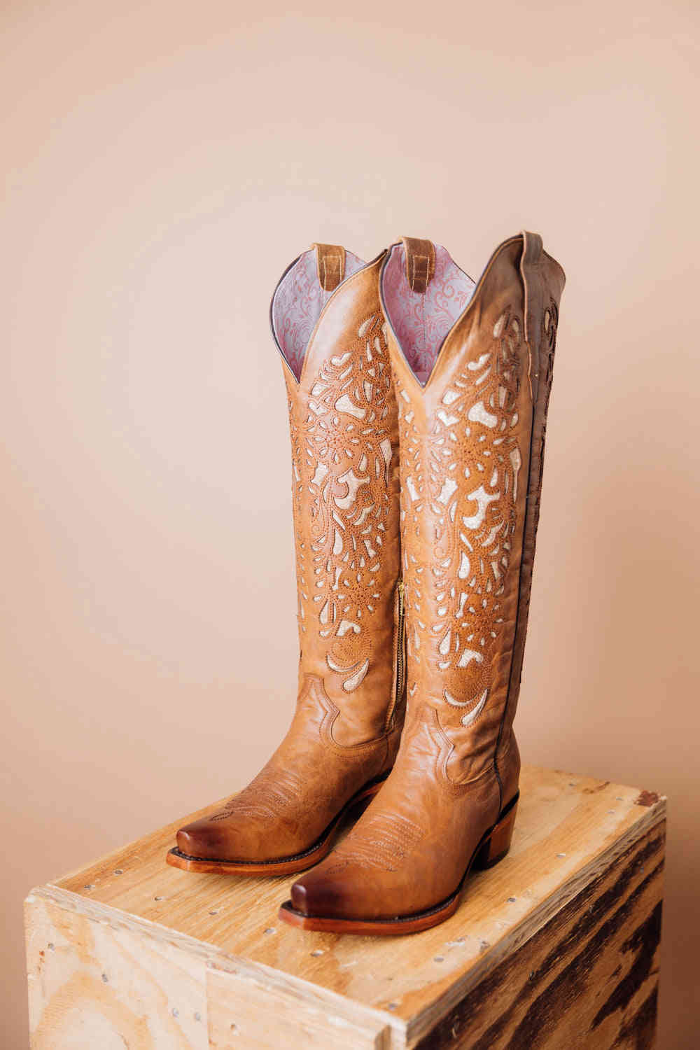 Glitter-Accented Genuine Leather Cowgirl Boots