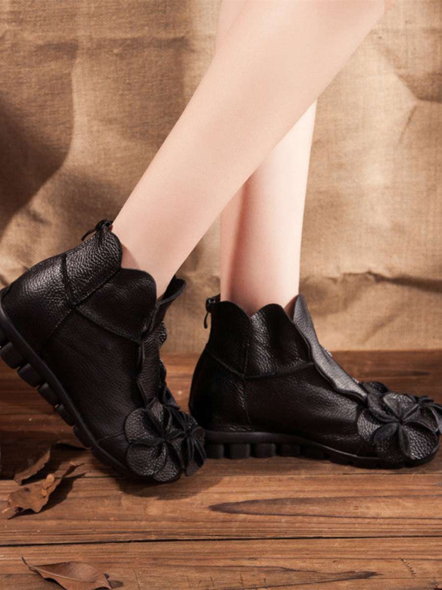 Glamorous Flower-Accented Leather Ankle Boots