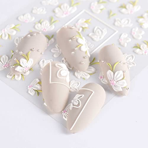 JMEOWIO 3D Embossed Spring Flower Nail Art Stickers, Self-Adhesive Floral Nail Decals for Elegant DIY Nail Designs