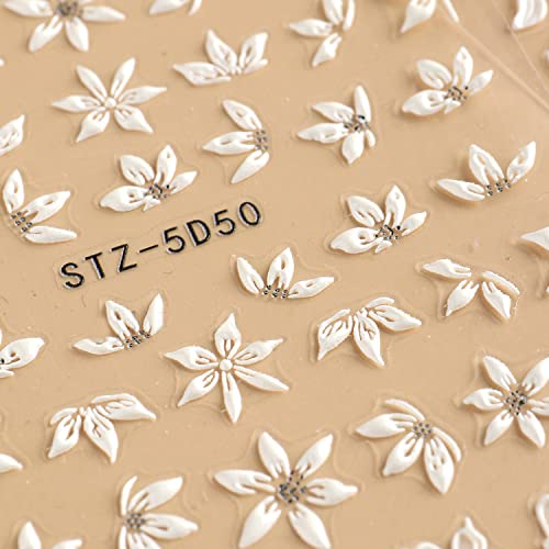 5D Embossed Flower Nail Art Stickers, 6 Sheets White & Pink Floral Designs