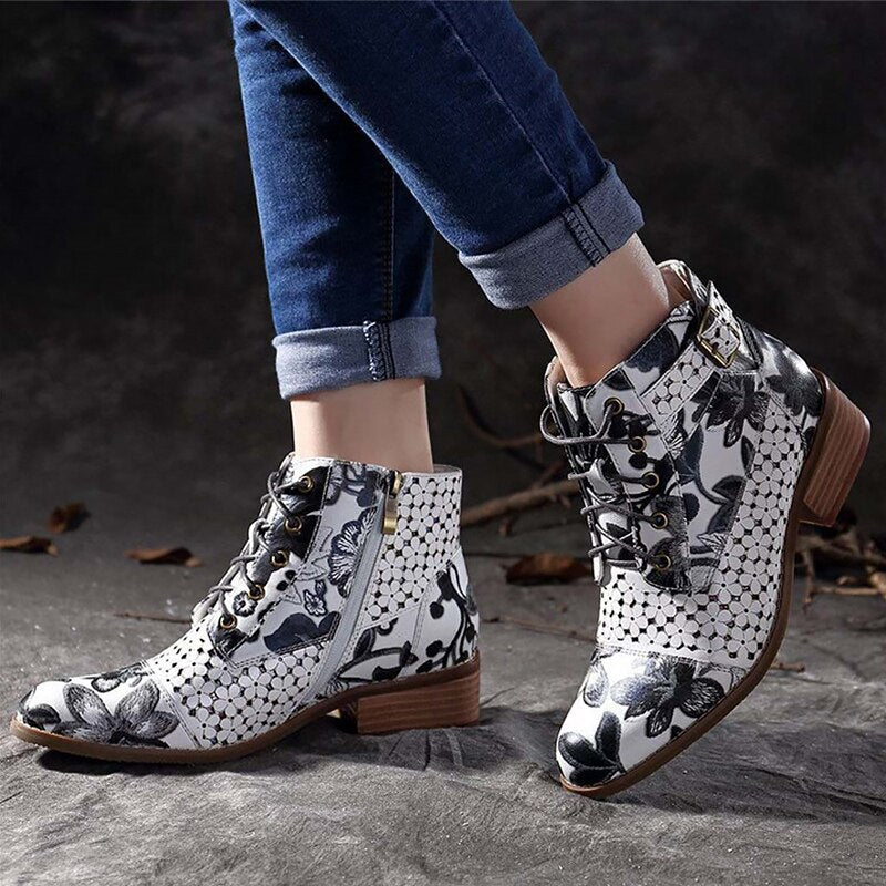 Stylish Floral Embellished Ankle Boots with Rubber Outsole
