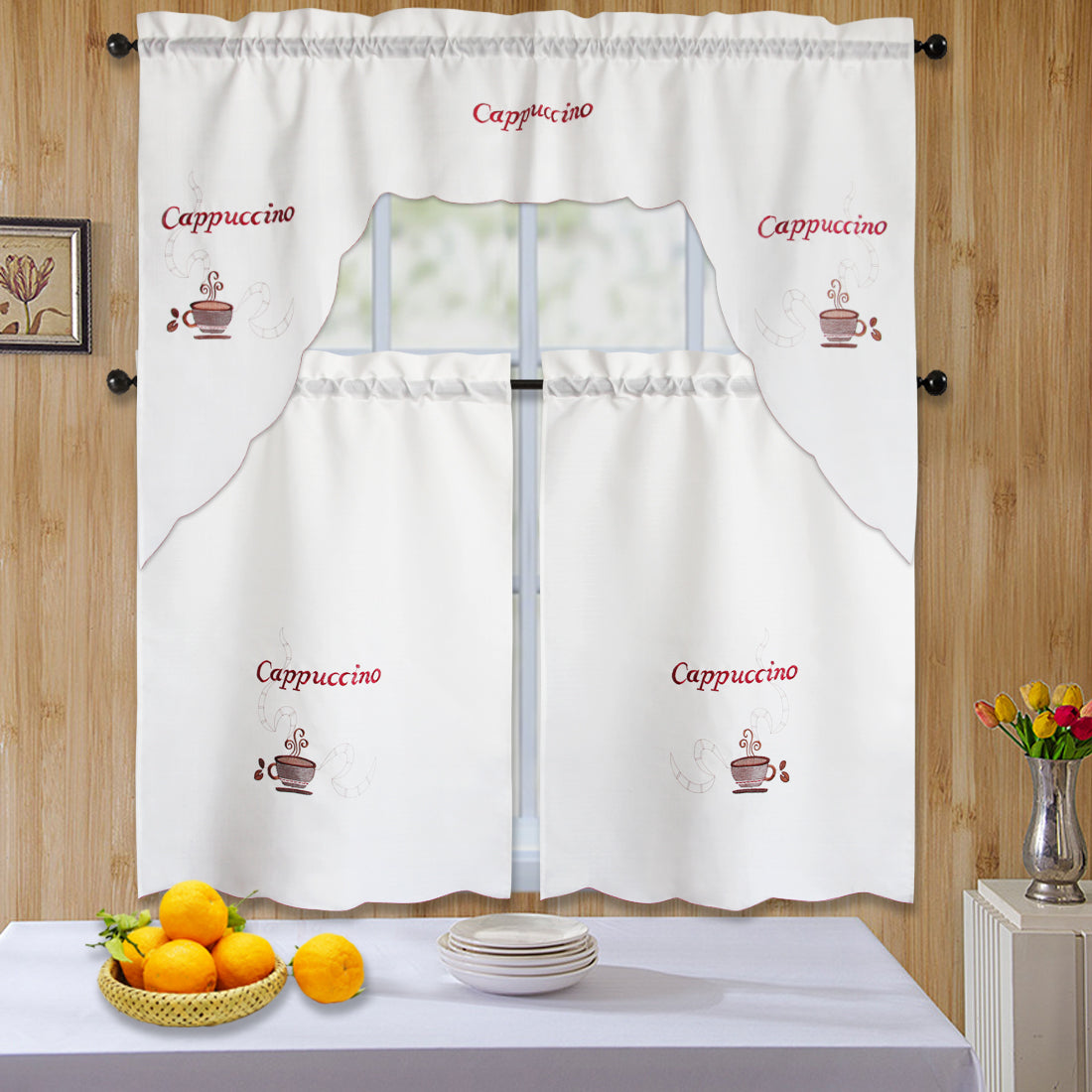 3pc Rod Pocket Embroidered Butterfly Kitchen Curtain Set with Swag Valance, 36" Length