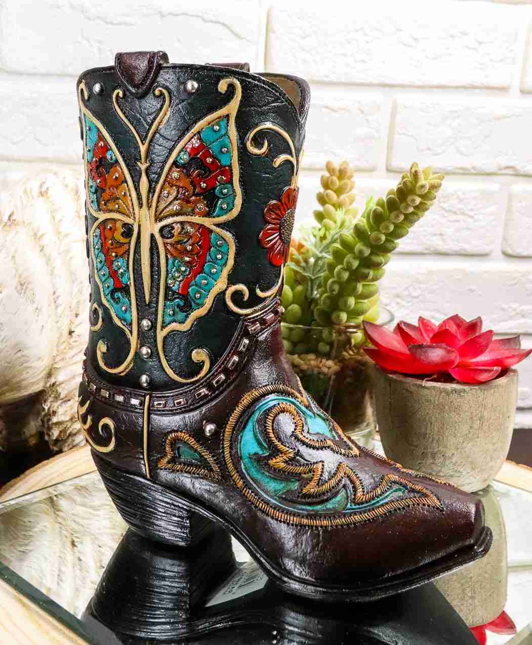 Western-Inspired Turquoise & Brown Tooled Leather Cowboy Boot Decor