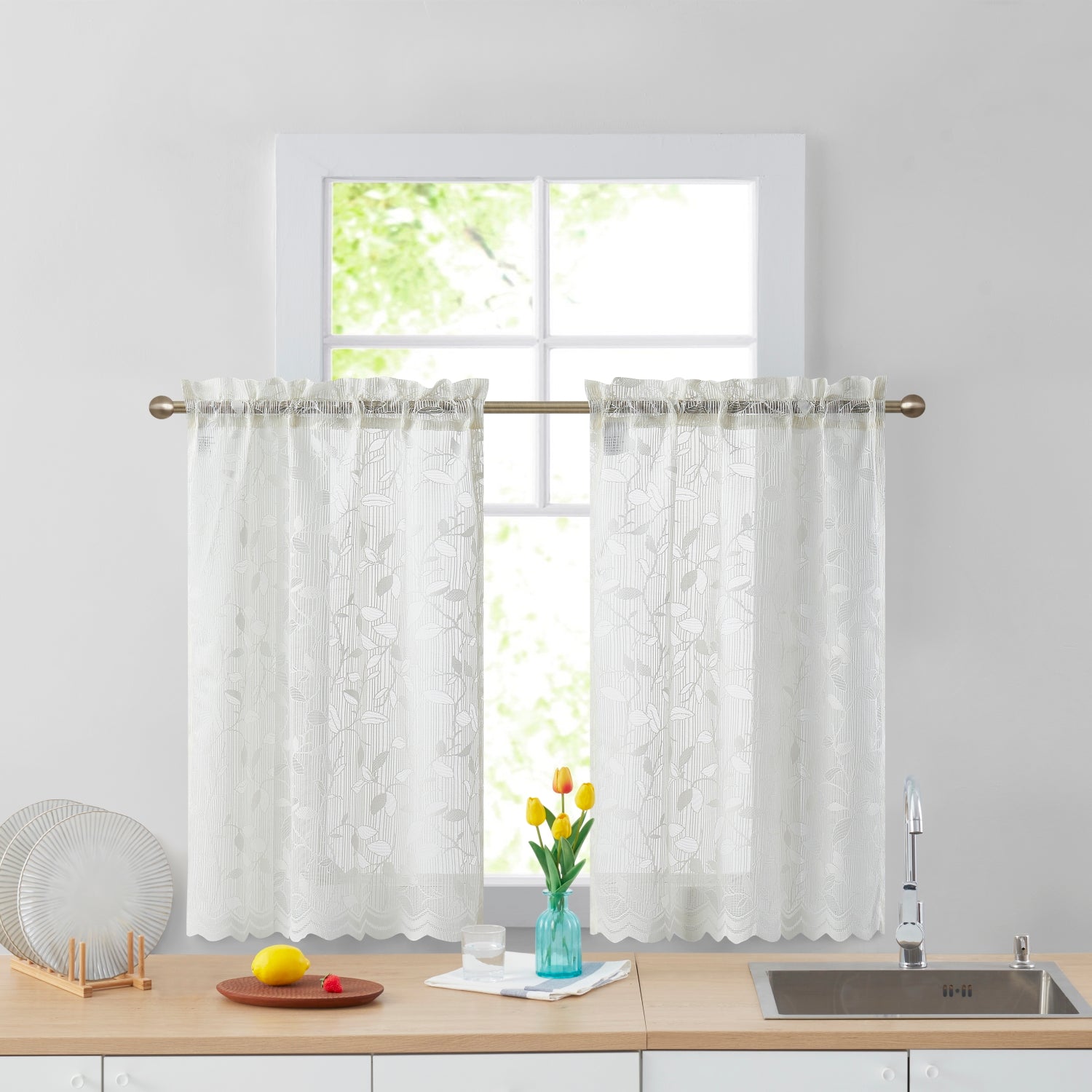 Elegant Floral Joyce Semi-Sheer Kitchen Curtains