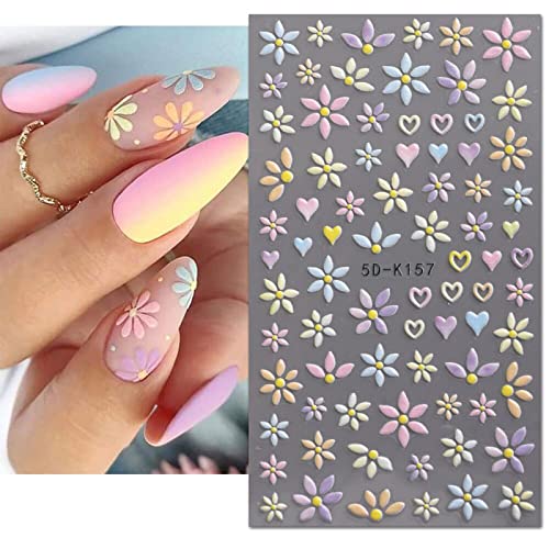 JMEOWIO 3D Embossed Spring Flower Nail Art Stickers, Self-Adhesive Floral Nail Decals for Elegant Summer Look