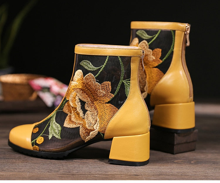 Elegant Embroidered Genuine Leather Women's Ankle Boots