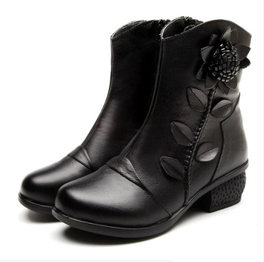 Women's Genuine Leather Ankle Snow Boots with Decorative Flower