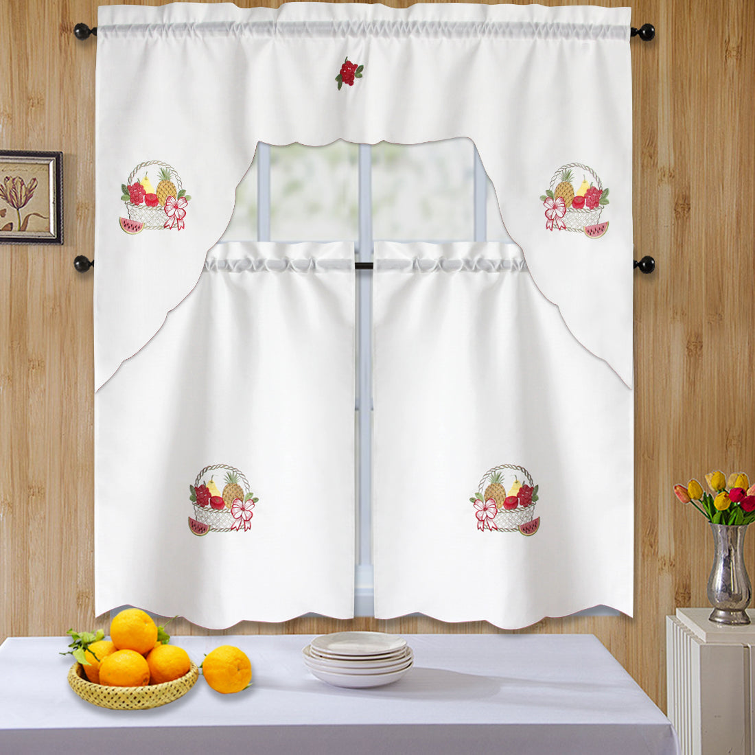 3pc Rod Pocket Embroidered Butterfly Kitchen Curtain Set with Swag Valance, 36" Length