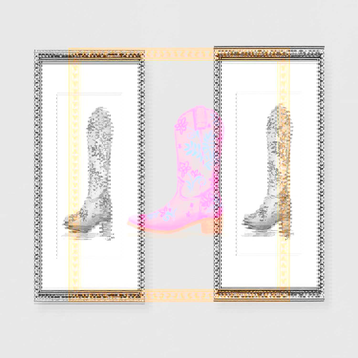 Elegant Cowgirl Boot Art Print, Pink Floral Wall Decor