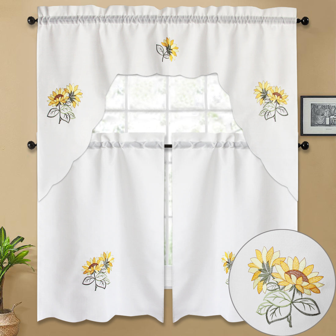 3pc Rod Pocket Embroidered Butterfly Kitchen Curtain Set with Swag Valance, 36" Length