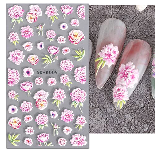 JMEOWIO 3D Embossed Spring Flower Nail Art Stickers, Self-Adhesive Floral Nail Decals for Elegant DIY Nail Designs