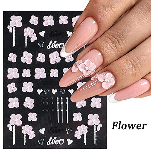 5D Embossed Flower Nail Art Stickers, 6 Sheets White & Pink Floral Designs