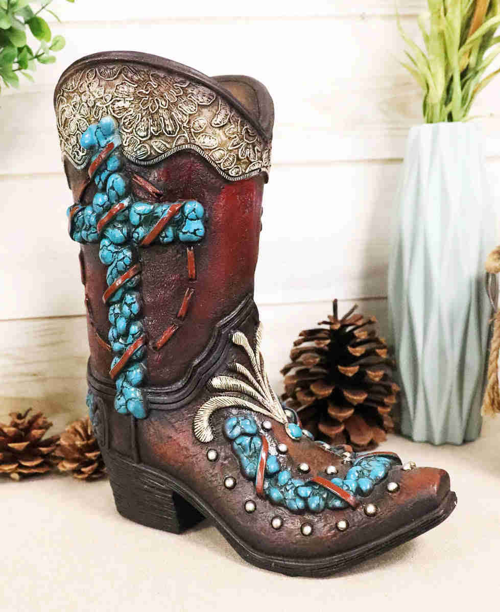 Handcrafted Faux Leather Cowboy Boot Vase with Turquoise Accents