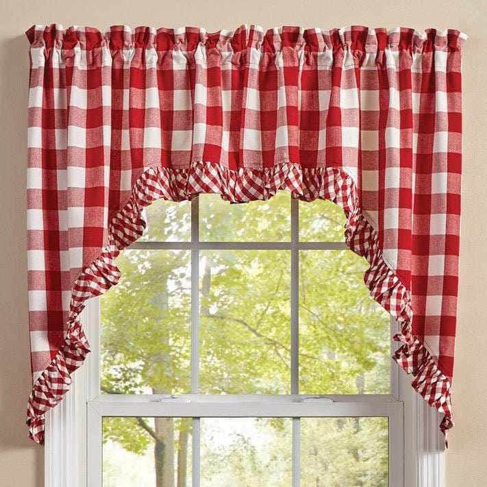 Ruffled Buffalo Check Swag Pair in Red and Ivory