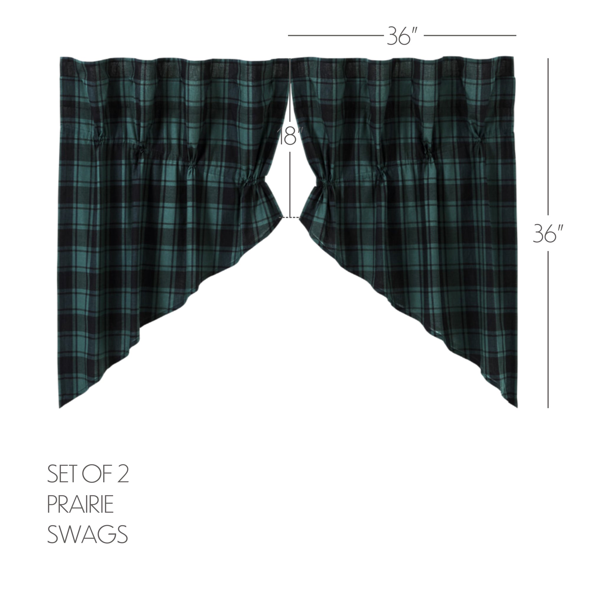 Rustic Country Style Prairie Swag Set with Green and Black Plaid