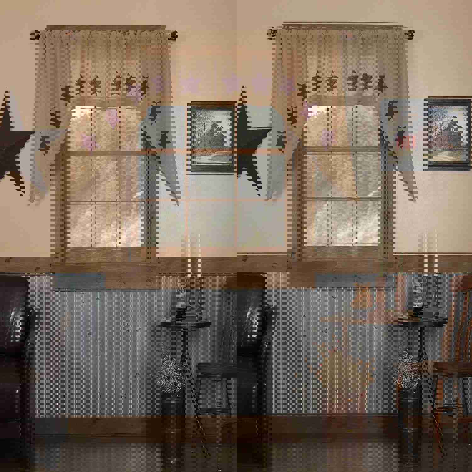 Burlap Star Swag Curtains - Natural & Burgundy Stencil Designs